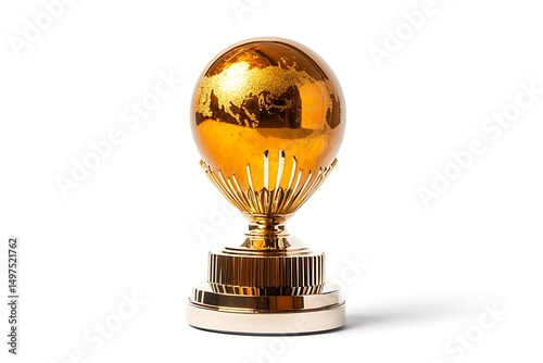 Golden Sphere World Map, Trophy On White Background, Detailed Stand, Shiny Surface