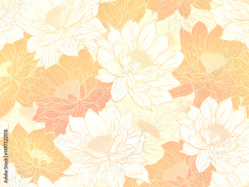 Wallpaper Mural オレンジと黄色の花々 明るいボタニカル線画背景 シームレス Torontodigital.ca