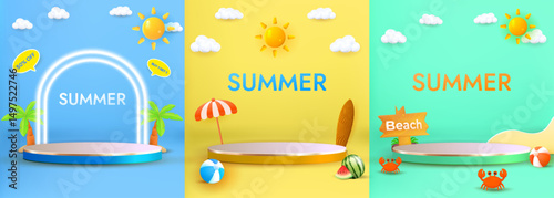 Set Podium Summer Themed Colorful Backgrounds with Seasonal Decorations and Beach Items
