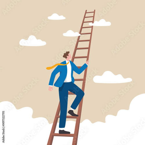 Motivational flat vector of a businessman climbing a ladder toward light in the clouds. Ideal for posters, explainer videos, and inspirational social media content.
