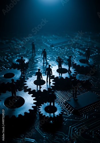 Miniature figures standing on gears and circuit board representing business and technology