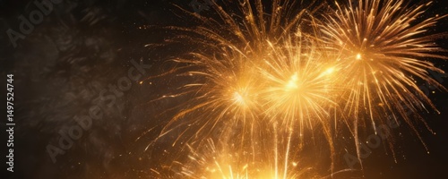 Intense yellow fireworks bloom, wide angle captures blazing embers,  magnificent,  display,  glitter