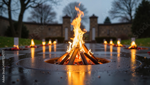 Solemn eternal flame at war memorial site on rainy day, remembrance photo