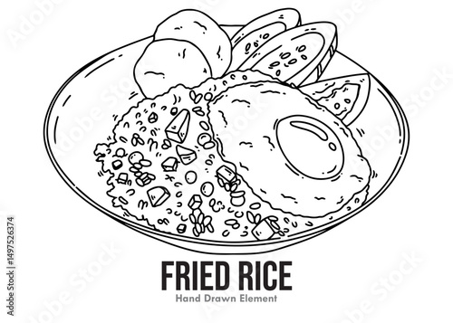 Black and white vector fried rice hand drawing