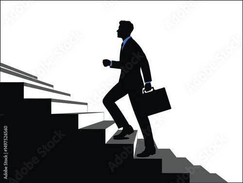Silhouette of a man climbing a ladder, businessman walking on stairs, representing progress and success