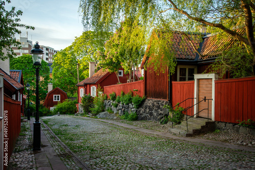 Old red wood homes, Sodermalm district, Stockholm, Sweden