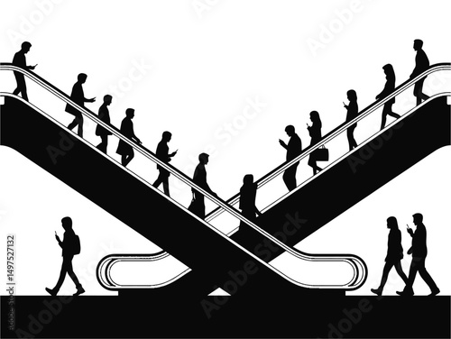 silhouette of people on escalator, silhouette goes up an escalator