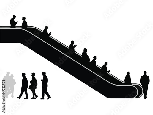 silhouette of people walking on escalator, people walking on escalator