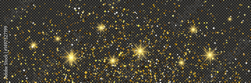 Gold glittering dust with stars on transparent backdrop