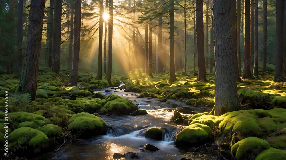 Fototapeta premium The Forest Awakens: Sunrays Pierce Through Trees Over a Mossy Stream