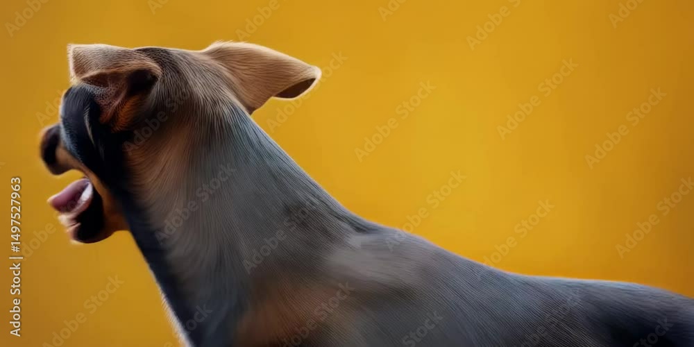 Happy dog smiles broadly against a bright yellow background while showing its playful spirit and energetic personality during an indoor activity