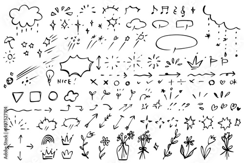 Cute hand-drawn monochrome  icon set like botanical flower and bubble speech ,arrows , sunburn , leaf, stars etc vector illustration set