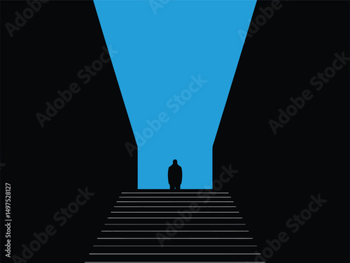 Silhouette of Man Standing on Top of Stairs, man standing on top of a ladder, vector