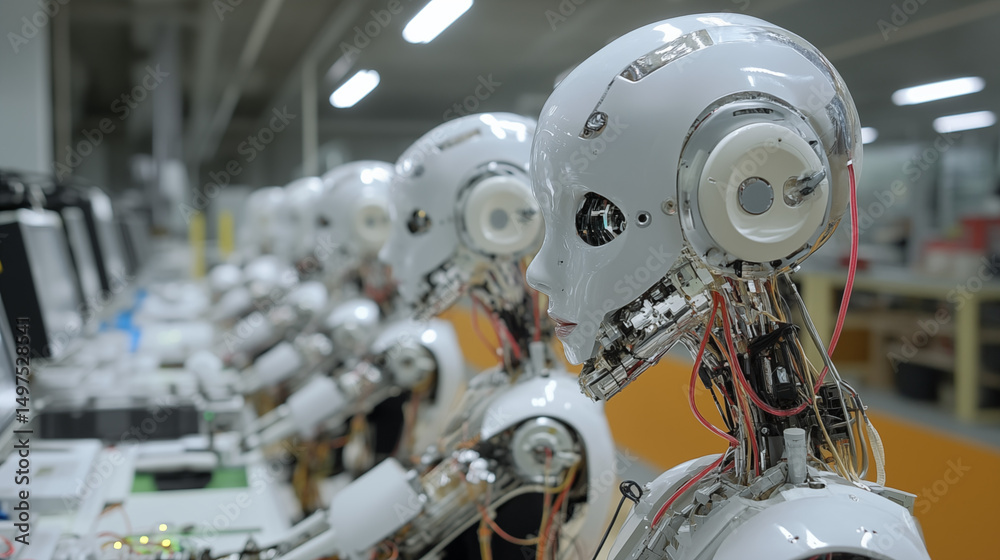 Fototapeta premium Robots working at control terminals in a factory