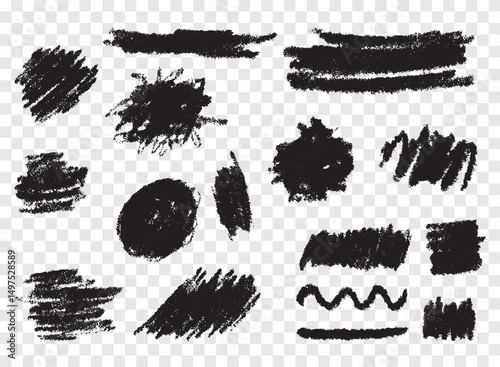 Hand drawn chalk texture set. Vector charcoal design element. Coal stain for banner, background. Scribble black smudges, dirty brush strokes