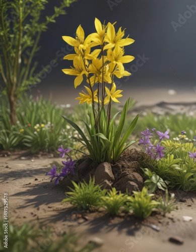 Bright yellow forsythia, purple crocus, green sprouts ,  growth,  nature,  vertical banner