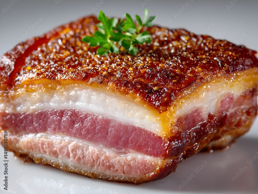 Obraz premium A succulent piece of roasted pork belly with crispy skin and tender meat is presented on a white background.