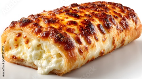 A delicious golden-brown cheese breadstick baked to perfection with melted cheese oozing out, perfect for a snack or meal.