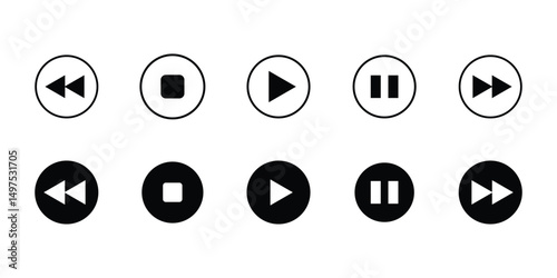 The media player button icon set. Pause, rewind, fast forward icons. Ui element. Music player button. Video control. Playing a collection of video icons. Ui template. Vector illustration