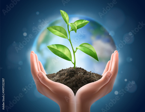 Hand Holding a Young Plant Sprouting from Soil Background