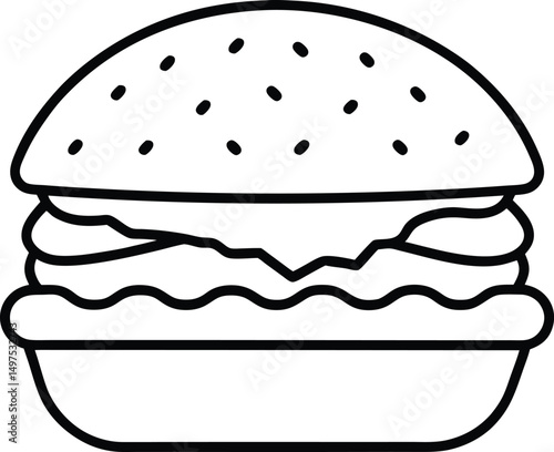 Bold Line Art Hamburger Illustration Sesame Bun Patty Cheese Lettuce Tomato