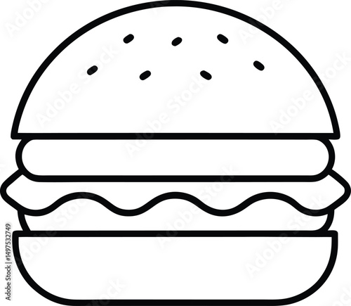 Bold Line Art Hamburger Illustration Sesame Bun Patty Lettuce Cheese Tomato