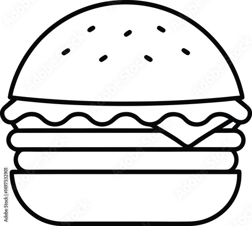 Bold Line Art Hamburger Illustration Sesame Bun Patty Lettuce Cheese Tomato