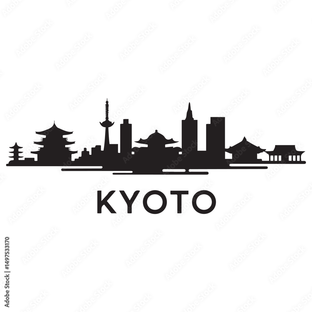 Fototapeta premium Kyoto skyline horizontal banner. Black Kyoto City, Japan. Vector template for your design. Vector black silhouette. with white background