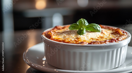 Baked Lasagna in a White Ramekin Topped with Basil