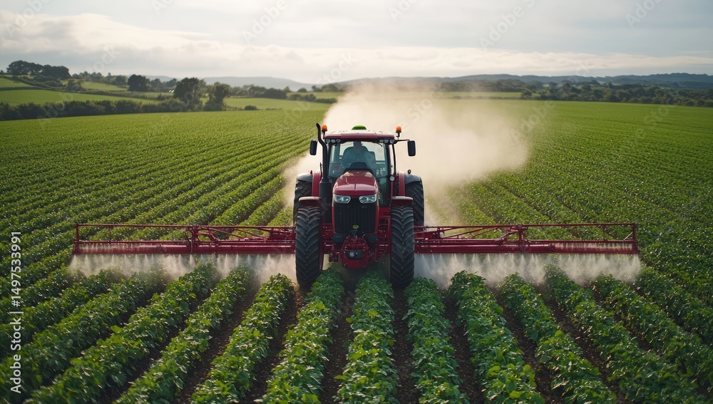 Fototapeta premium Tractor spraying crops in a field
