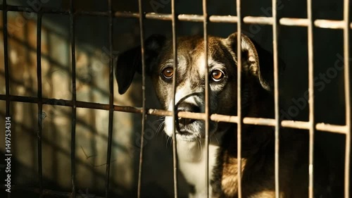 A lonely dog sitting in a cage with expressive eyes, longing for a loving home.