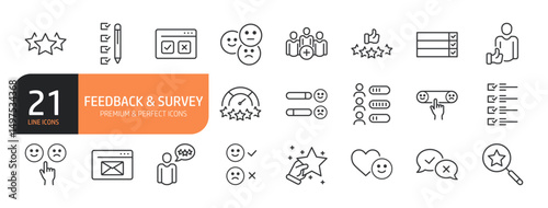 Set of line icons related to feedback, survey and more. Outline icons collection. Editable stroke. Vector illustration.
