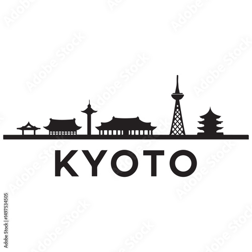 Kyoto skyline horizontal banner. Black Kyoto City, Japan. Vector template for your design. Vector black silhouette. with white background