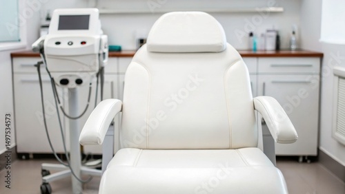 laser epilation dermatology modern concept Modern treatment room with a comfortable white chair and equipment for skincare procedures. photo