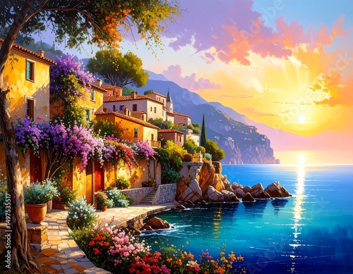 Fototapeta Krajobraz w stylu śródziemnomorskim. Wybrzeże z domami, kwitami i roślinnością. W tle morze, góry, zachód słońca. Obraz, sztuka cyfrowa