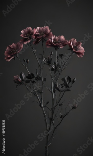 Deep charcoal blossoms, black stems, dark grey backdrop  , print, dramatic