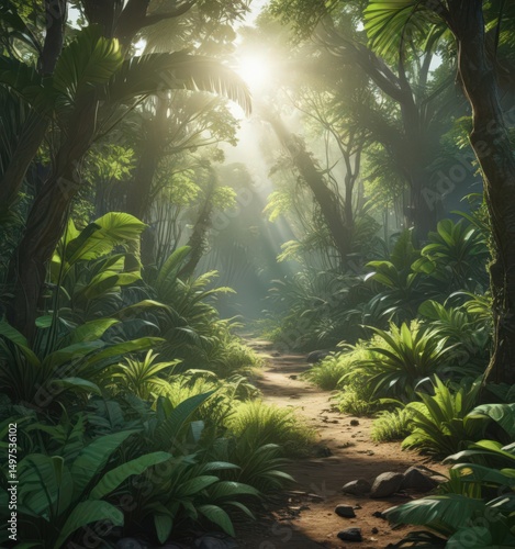 Lush green tropical undergrowth, sunlight dappled  , backdrop, flora