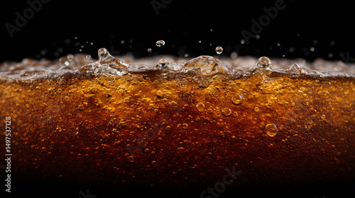 Bubbly soda with fizzing bubbles of root beer against dark background, capturing refreshing effervescence