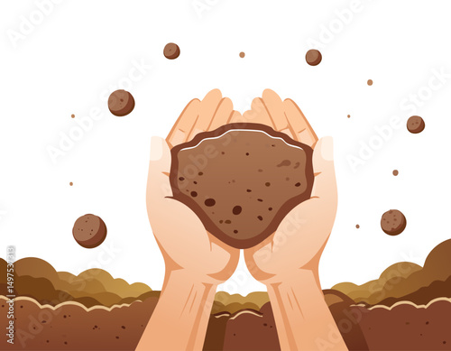 Hands holding soil with a focus on protection and care. This symbolic image represents harmony with nature and environmental sustainability.