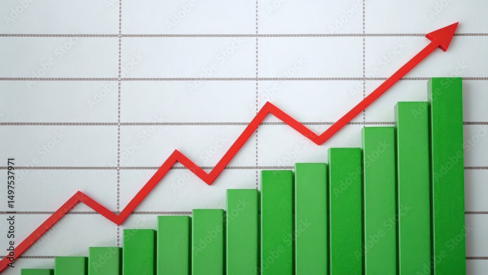 A green bar chart and a red upward arrow line illustrate growth and positive business trends. A green bar chart and a red upward arrow line illustrate growth and positive business trends.