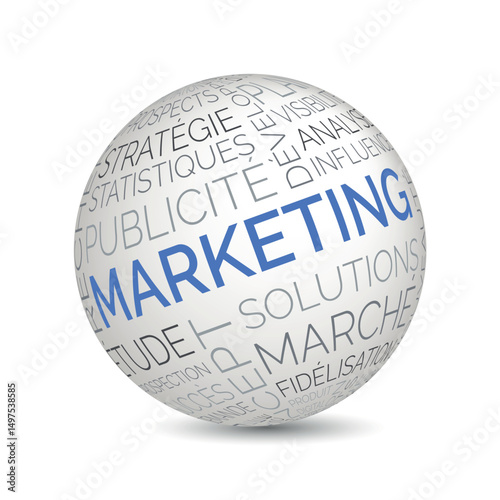 French marketing concept sphere with strategy and communication keywords
