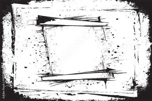 Distressed black and white grunge ink frame with splatters and rough edges. Ideal for posters, flyers, album art, or bold graphic layouts with a raw, expressive, urban style.