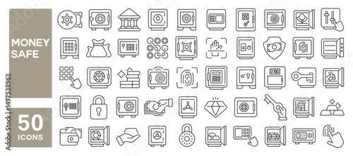 Set of 50 line icons related to money safe, vault, secure, savings, money storage, metal safe, Editable stroke. Vector illustration