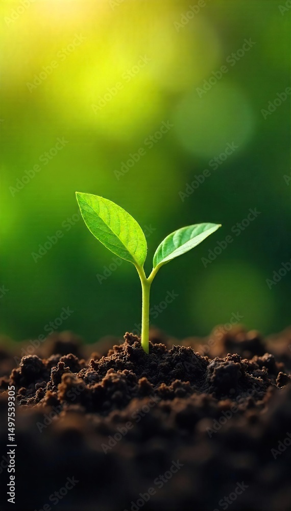 Fototapeta premium A young sprout pushes through the earth, reaching for sunlight, symbolizing growth and the promise of a brighter future A powerful image representing progress and potential , plant, progress