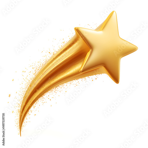 Glowing golden shooting star in cartoon plastic design, smooth 3D shape with sparkling trail on white background, symbol for dreams, rewards, sky themes or good luck creative visuals
