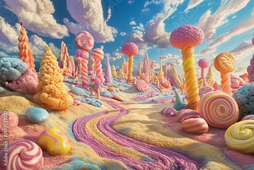 Whimsical candy landscape, pastel colors, sugary path, fantasy