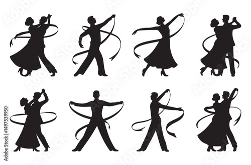  A set of silhouettes of dancers performing various dance poses, such as ballroom and rhythmic dancing, captured in black-and-white with ribbons and elegant movements for artistic projects.