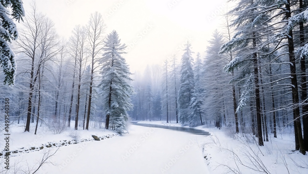 Obraz premium Winter wonderland frozen river snow covered trees