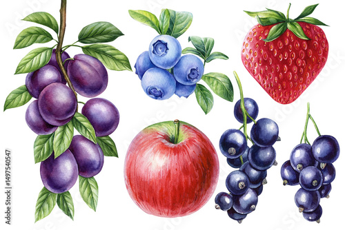Berries set. Watercolor set summer fruits. Apple, strawberry, blueberry, plum, black currant with green leaves on white.