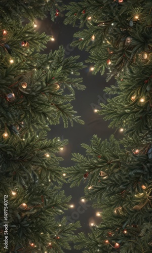 Luxurious coniferous branches interwoven with festive lights, seamless pattern , lights, border, decoration